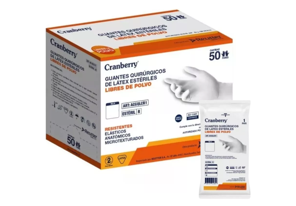 Guante Quirúrgico Estéril Cranberry / Caja 50 Pares / Libres de Polvo